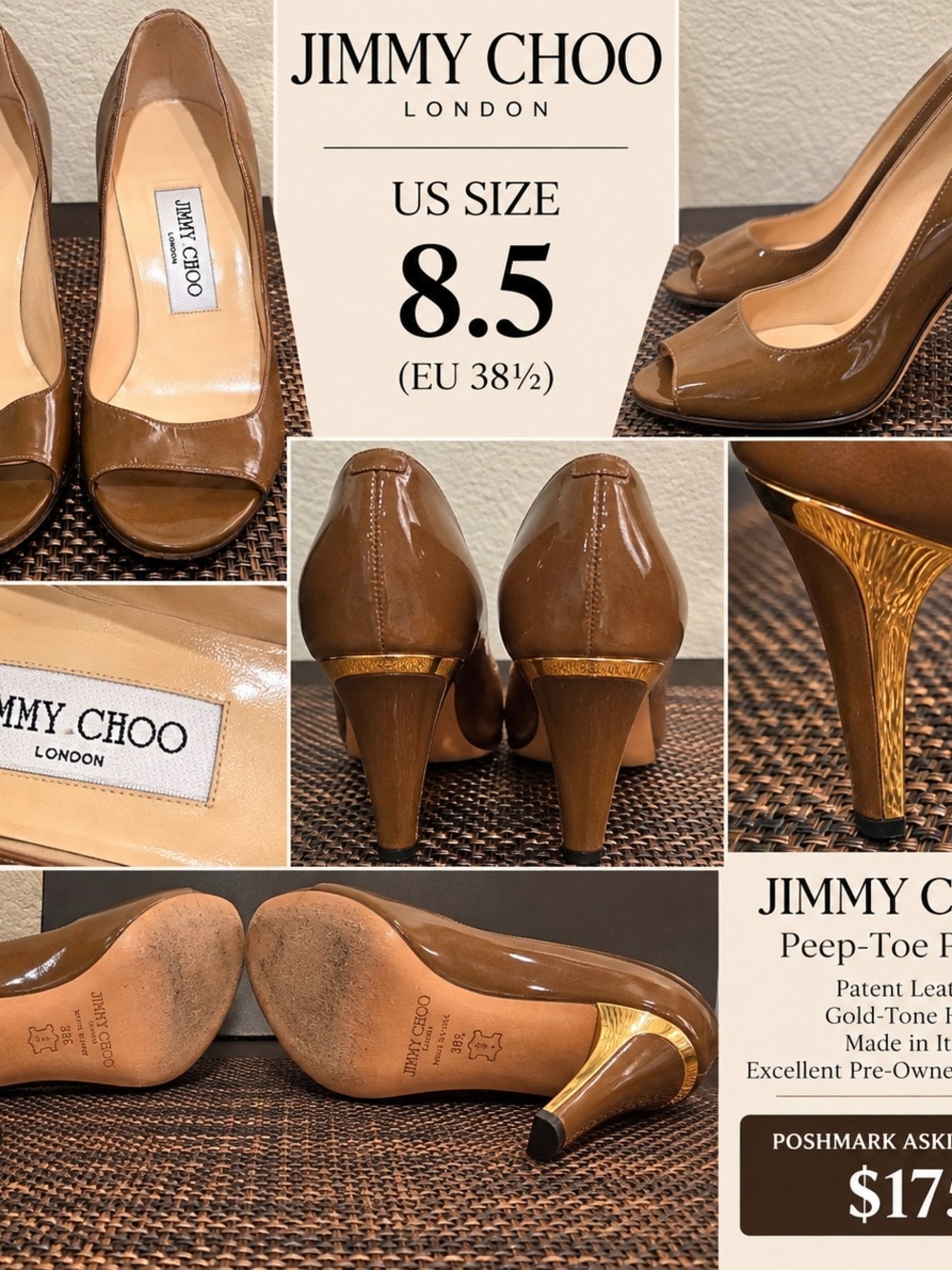 Jimmy Choo Tan Brown Patent Leather Peep-Toe Heels with Gold-Tone Heel